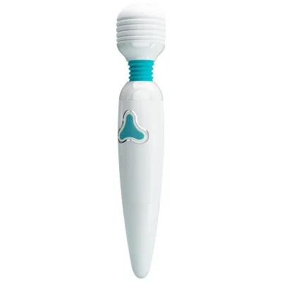 White massage wand with blue accents and a triangular button on the front.
