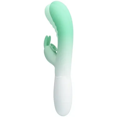 Grüner und weißer Vibrator mit zwei Armen, seitliche Ansicht, auf weißem Hintergrund.