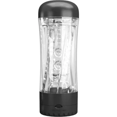 Transparent, cylindrical container with black lid and base, containing spiral structures inside.