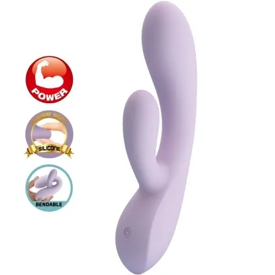 Purple vibrator with two arms, power symbol, super soft silicone, flexible, on/off switch on the bottom.