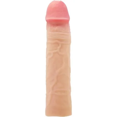 A skin-colored, realistically designed dildo with visible veins and a pink tip.