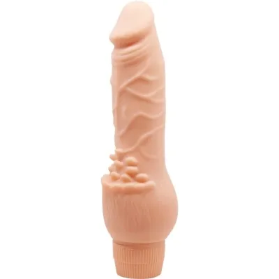 Beige vibrator with a textured surface and ribbed handle.