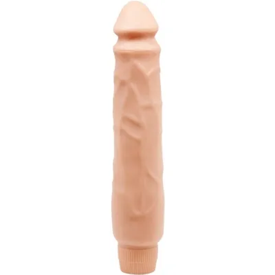 Beige, cylindrical vibrator with a textured surface and rounded tip.