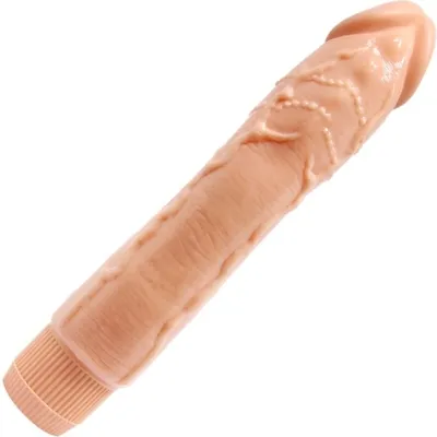Beige vibrator in the shape of a penis with textured details.