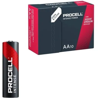 Procell Intense AA-Batterie und Verpackung für Hochleistungsgeräte, schwarz-rot, 10er-Pack.