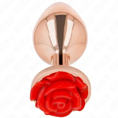 Copper-colored plug with red rose decoration at the end, on a white background.
