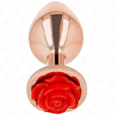 Metallischer Plug mit roter Rosenverzierung am Ende, auf weißem Hintergrund.