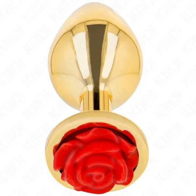Goldener Plug mit roter Rosenverzierung am Ende, auf weißem Hintergrund.