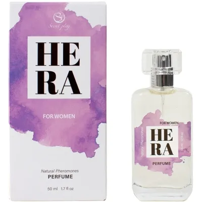 Parfümflasche und Verpackung von "HERA" für Frauen, mit lila Aquarell-Design, 50 ml.