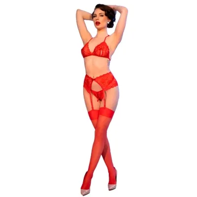 Roter Spitzen-Bh + Tanga + Strümpfe Set L – Chilirose