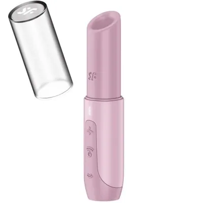 Rosa Lippenstift-ähnliches Gerät mit abnehmbarer Kappe, seitlichen Tasten und glatter Oberfläche.