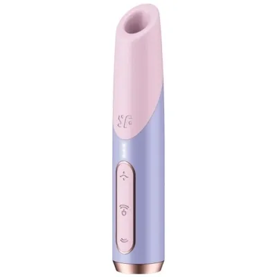 Purple and pink portable device with buttons, cylindrical shape, rounded tip.