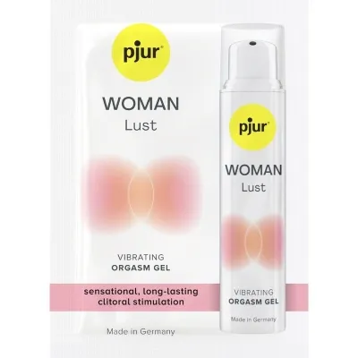 Pjur Woman Lust Vibrating Orgasm Gel, Verpackung und Flasche, für langanhaltende klitorale Stimulation, Made in Germany.