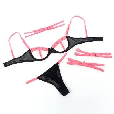 SUBBLIME - 955304 BH-SET MIT HALSKETTE UND BEINDETAILS FLUORESZIERENDES ROSA L/XL