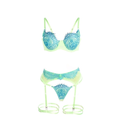 SUBBLIME - 955328 BH-SET MIT SPITZE UND STRUMPFBAND GRÜN UND BLAU L/XL