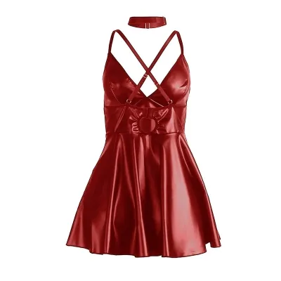 Kleid Mit Burgunderroten Lederträgern S/M – Subblime