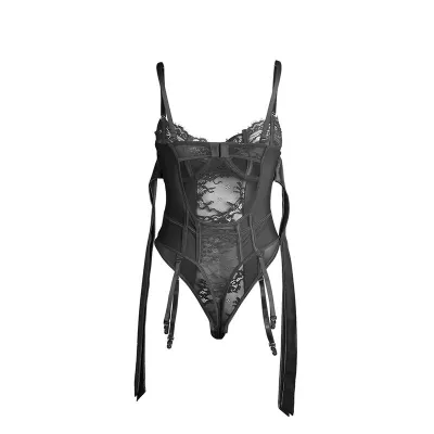 Lace bodysuit with bows and garters, black, S/M – Subblime