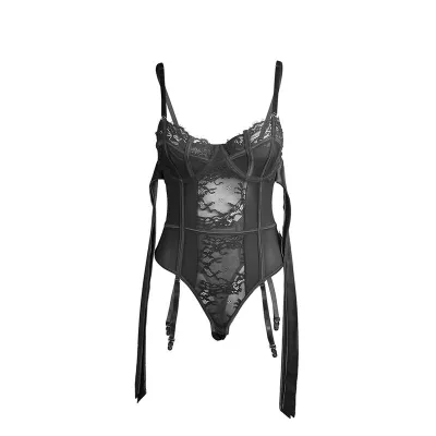 Lace bodysuit with bows and garters, black, S/M – Subblime