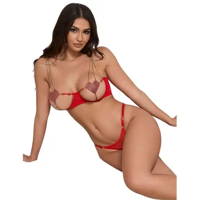 Bra Set with Chains and Mesh Heart Red S/M – Subblime