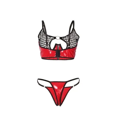Red patent leather mesh zipper bra set L/XL – Subblime