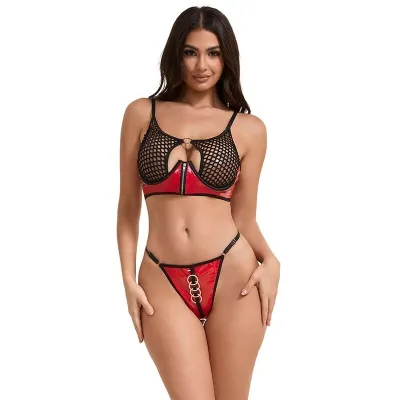 Woman in red and black lingerie set with mesh top and strap details.
