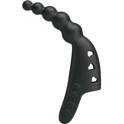 Black, curved silicone toy with heart-shaped cutouts and a pearl texture at the end.