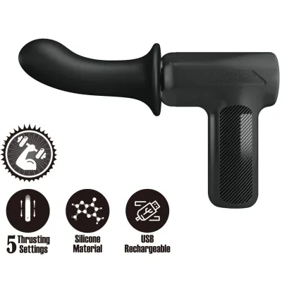 Black massage device with 5 settings, silicone material and USB charging. Icons for functions are located underneath.