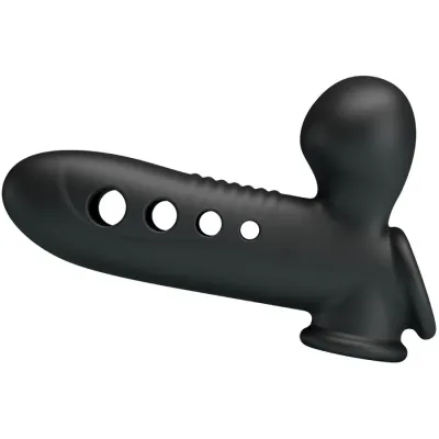 Schwarzes, ergonomisch geformtes Silikonspielzeug mit mehreren runden Öffnungen und einer abgerundeten Spitze.