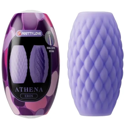Purple, textured sex toy with packaging, "Pretty Love Athena Eros", dual-entry design.