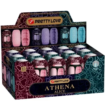 Packaging containing 15 Pretty Love Athena Alice products, various textures and colors, heart pattern on the box.