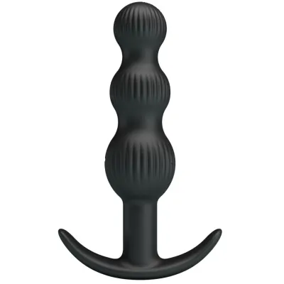 Black, ribbed anal toy with three balls and a curved handle.