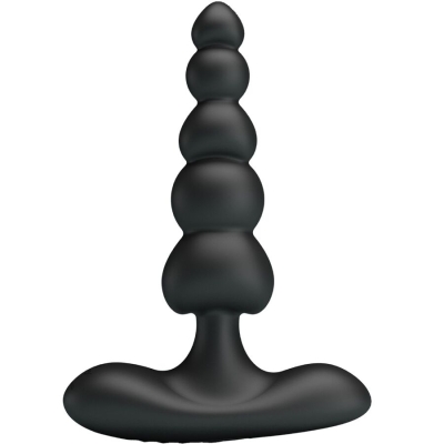 Black, stepped anal plug with multiple balls and a wide base.