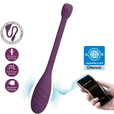 Purple vibrator with Bluetooth control, soft silicone, vibration settings and magnetic charging.