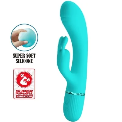 Turquoise silicone vibrator with bunny ears, super soft texture and powerful vibration.