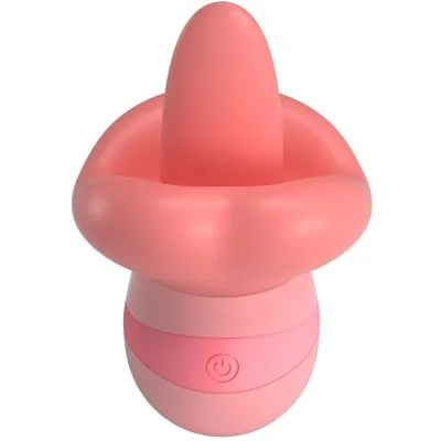Pink, mushroom-shaped device with a smooth surface and a power button at the base.