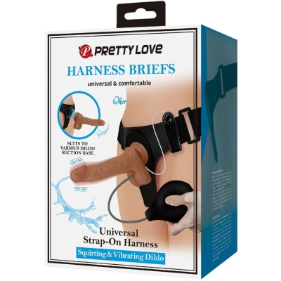 PRETTY LOVE - UNIVERSAL HARNESS SLIP MIT VIBRIERENDEM UND SQUIRTING-DILDO 15,5 CM MULATO