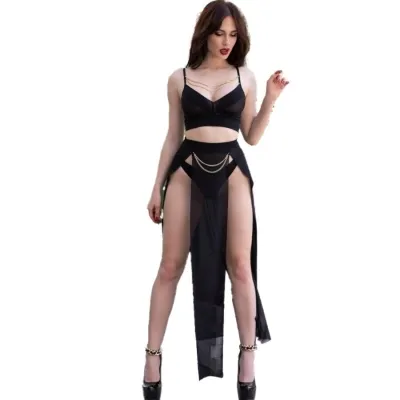 Schwarzer Top-Rock Und Tanga Mit Goldenen Ketten L – Chilirose