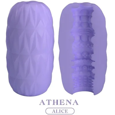 Purple cylindrical object with a geometric pattern, cut in half to reveal the textured interior. Text: "ATHENA ALICE".