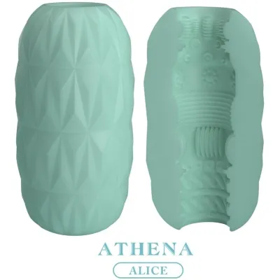 Zwei grüne, geometrisch gemusterte Objekte, eines geschlossen, das andere zeigt ein komplexes Innenmuster. Text: "ATHENA ALICE".