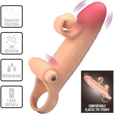 Flesh-colored vibrator with elastic TPE straps, powerful, waterproof, requires 1 AAA battery.