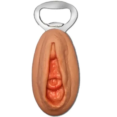 Bottle opener with a handle in the shape of a vulva.