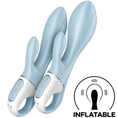 Zwei blaue, aufblasbare Vibratoren mit weißen Griffen und Bedienelementen, daneben ein Symbol mit der Aufschrift "INFLATABLE".