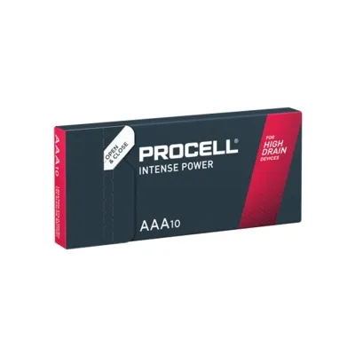 Black Procell AAA10 battery packaging with red accent, for devices with high energy requirements.