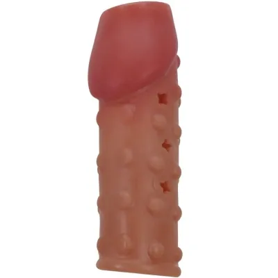 Red, textured silicone attachment with bumps and star shapes, cylindrically shaped.