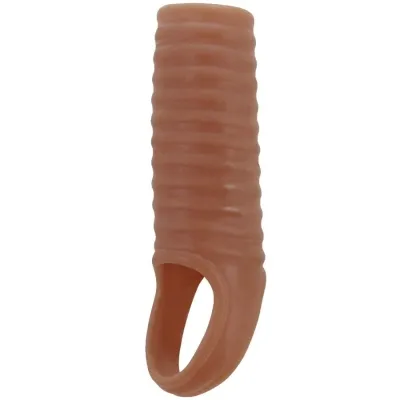 Brown, ribbed silicone attachment with an opening at one end, presumably for the finger.