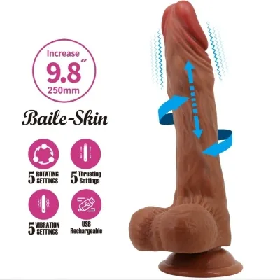 Brauner Vibrator mit Saugnapf, 9,8 Zoll, rotierend, stoßend, vibrierend, USB-aufladbar, Baile-Skin.