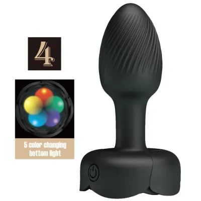 Black, textured sex toy with 5-color light and on/off switch.