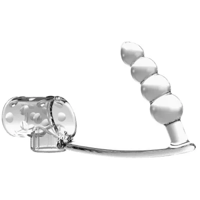 Transparent, textured glass figure with a cylindrical and spiral design on a white background.