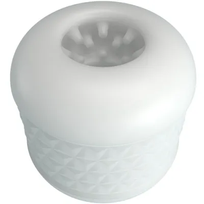 White, cylindrical object with a textured pattern and an opening at the top.