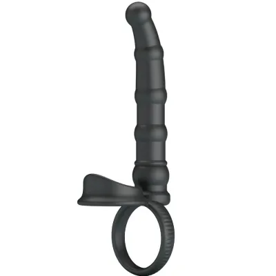 Black, ribbed sex toy with a ring and curved end.